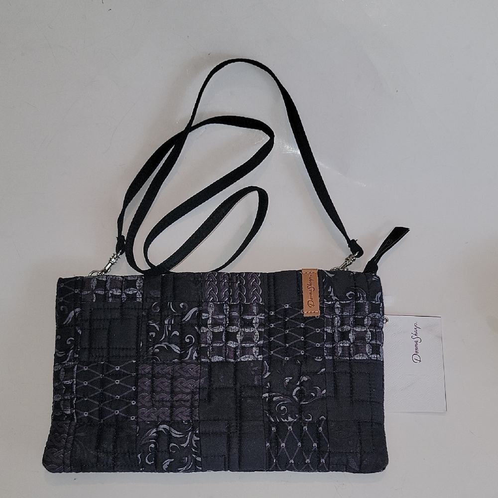 DONNA SHARP BLACK/GRAY & BROWN PATCHWORK QUILTED CROSSBODY/SHOULDER CLUTCH BAG